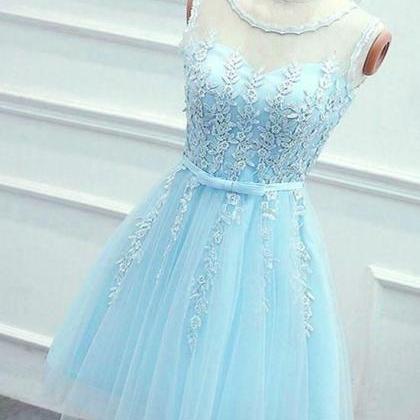 Cute Round Neck Lace Blue Short Prom Dress, Blue..