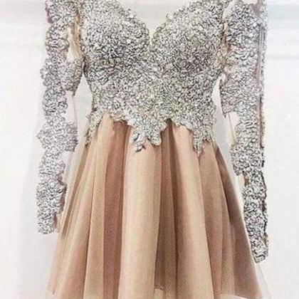 A Line Long Sleeves Homecoming Dress, Short Prom..
