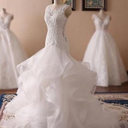 White Lace Ruffled Long Corset Bridal Prom Dress,..