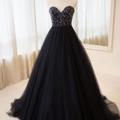 Sweetheart Neck Long Tulle Prom Dress Beaded Black..