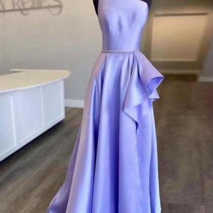One Shoulder Lavender Beading Satin Prom Dress..