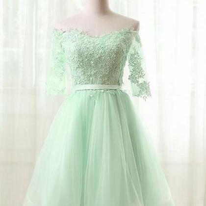 Mint Green 1/2 Sleeves Tulle With Lace Homecoming..