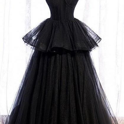 Elegant Spaghetti Straps Tulle Prom Dress ,black..
