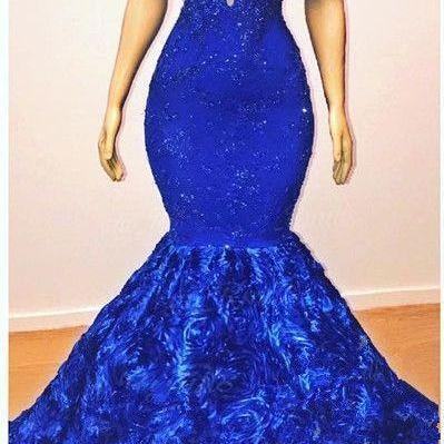 Royal-blue Flowers Mermaid Long Evening Gowns