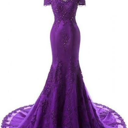 Purple Long Prom Dress, Mermaid Lace Evening Dress