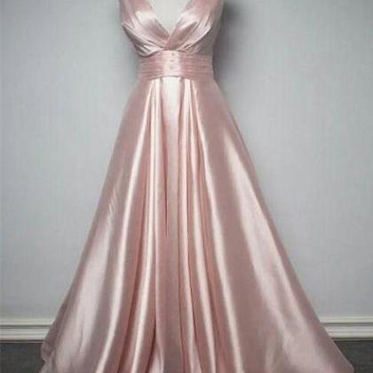 Charming Pink Satin V-neckline Long Prom Dress