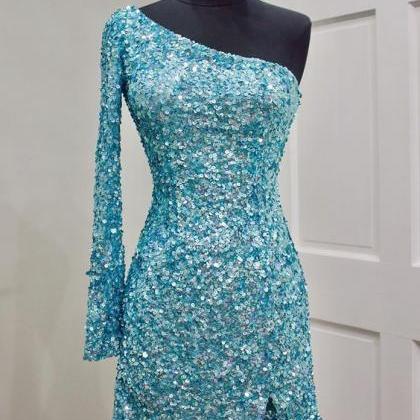 One Shoulder Gold Sequin Tight Homecoming Dress..