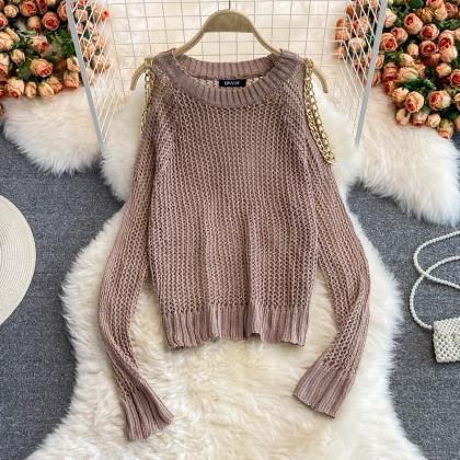Cute Cut-out Long-sleeved Sweater Off Shoulder..