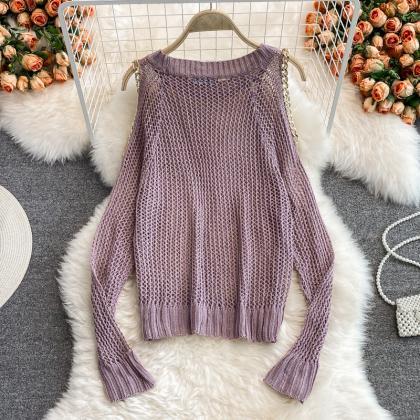 Cute Cut-out Long-sleeved Sweater Off Shoulder..