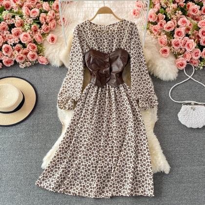 Lovely Floral Long-sleeved Dress With Vest