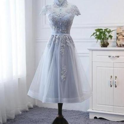 Light Grey Tulle With Lace Short Party Dress..
