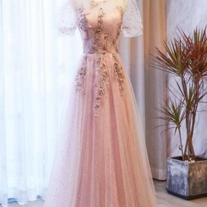 Pink Tulle With Puffy Sleeves Floral Long Evening..