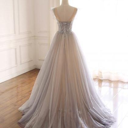 Gray Purple Round Neck Tulle Long Prom Dress Tulle..