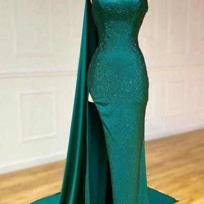Elegant One Shoulder Emerald Green Long Prom Dress..