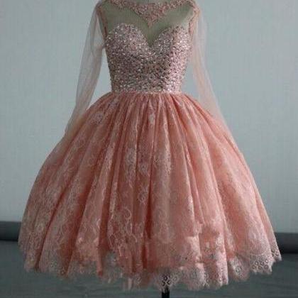 Pink Long Sleeves Homecoming Dresses, Lace And..