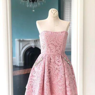 Strapless Short Pink Lace Homecoming Dress