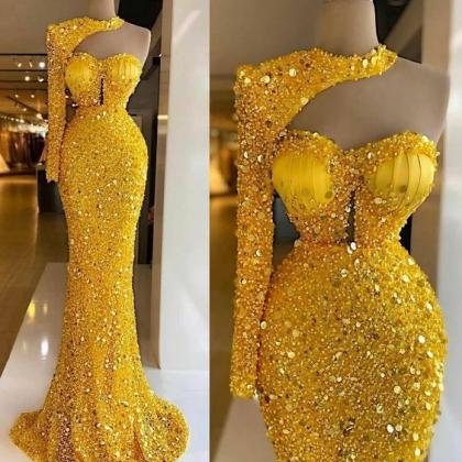 Fashion Yellow Prom Dress Floor Length Sequin..