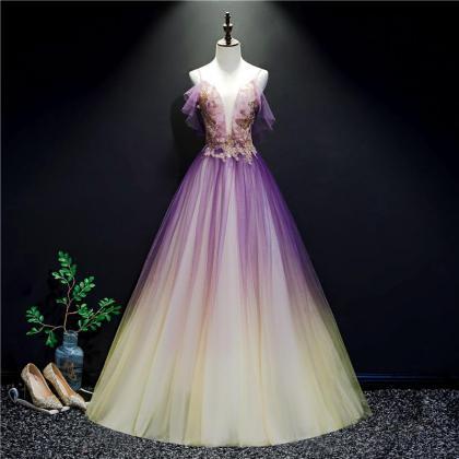Purple And Yellow Gradient V-neckline Straps Tulle..