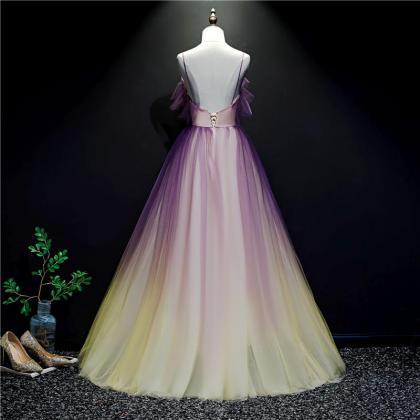 Purple And Yellow Gradient V-neckline Straps Tulle..