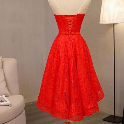 Red Lace One Shoulder High Low Party Dress, Cute..