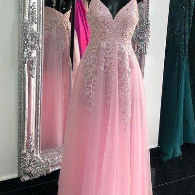 Princess Pink Tulle Long Prom Dress With Appliques
