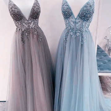 Tulle Prom Dresses Embroidery Beaded V Neck Split