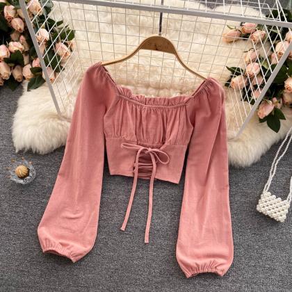 Cute Long Sleeve Lace Up Tops