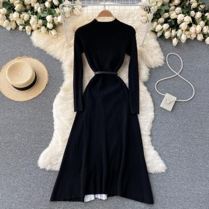Black A Line Long Sleeve Dress Knitted Dress