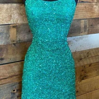 Tight Green Sequins Straps Mini Party Dress Is..