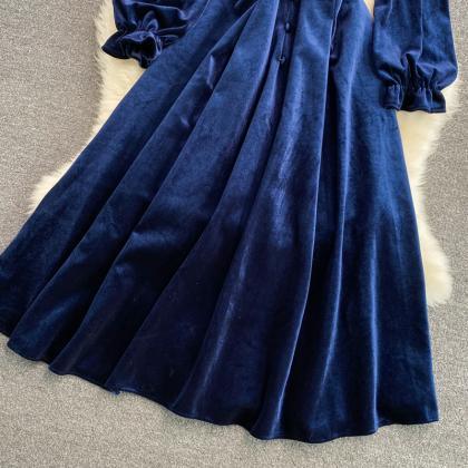 Blue Velvet Long Sleeve Dress Autumn Coat