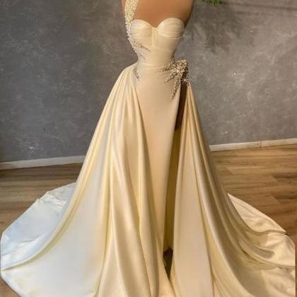 One Shoulder Pearls Satin Bridal Gown Evening..