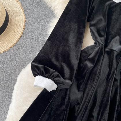Cute Black Velvet Long Sleeve Dress Fashion Dress