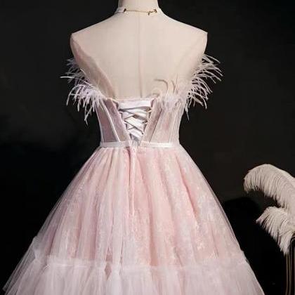 A-line Pink Sweetheart Tulle Short Prom Dress..