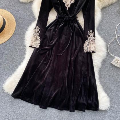 Black Velvet Lace Long Sleeve Dress Fashion Dress