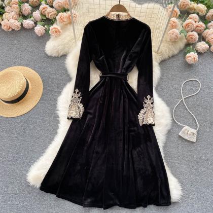 Black Velvet Lace Long Sleeve Dress Fashion Dress
