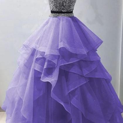 Two Pieces Tulle Beads Long Prom Gown Evening..