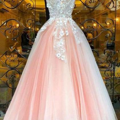 Pink V Neck Lace Tulle Long Prom Dress Pink Lace..