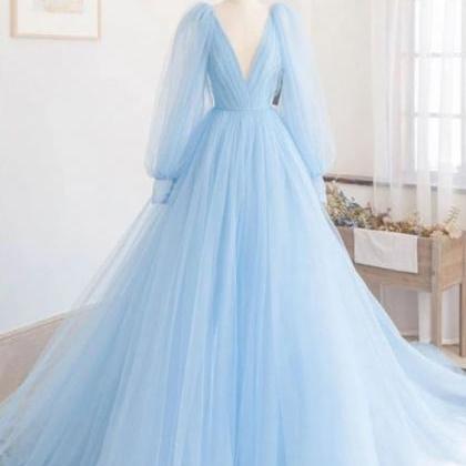 Blue v neck tulle long prom dress b..