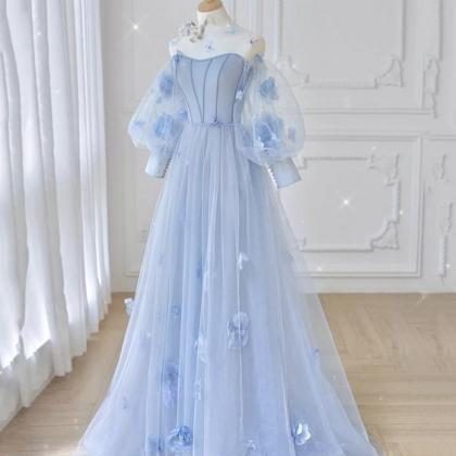 Blue Tulle Applique Long Prom Dress Blue Evening..