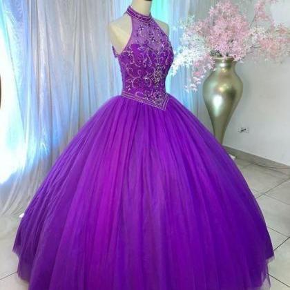 Halter Purple Prom Dress, Tulle Prom Dress