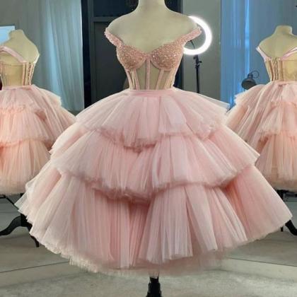Pink Prom Dresses, Ball Gown Prom Dress, Tiered..