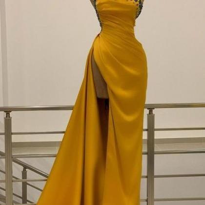 One Shoulder Yellow Slit Prom Dress Long With..