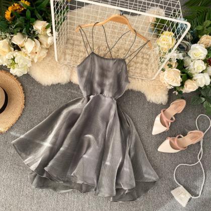 Gray Tulle Short Dress A Line Backless Dress