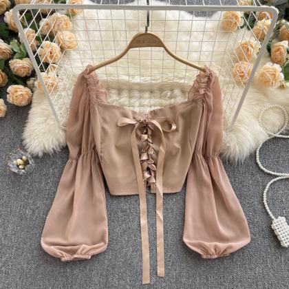 Cute Lace- Up Long Sleeve Top Crop Tops