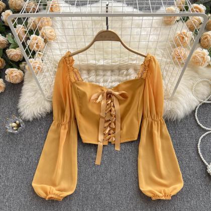Cute Lace- Up Long Sleeve Top Crop Tops