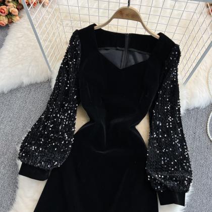 Black Velvet Sequins Short Dress Fashion Dress