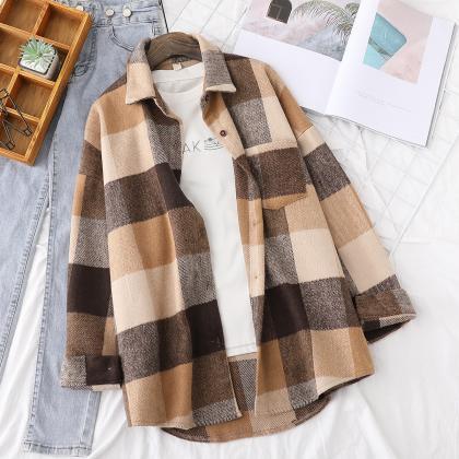 Simple Wollen Plaid Loose Shirt