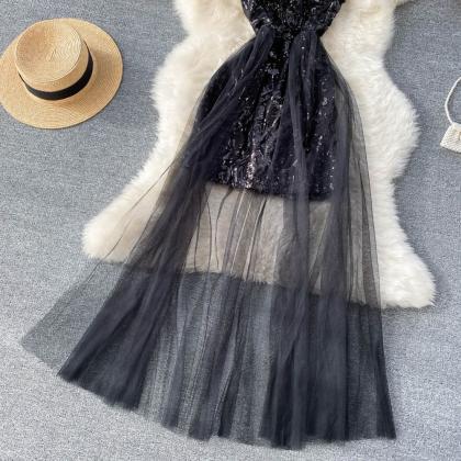 Halter Neck Sequin Dress With Mesh Net