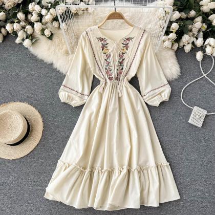 Simple A Line Embroidery Long Sleeve Dress