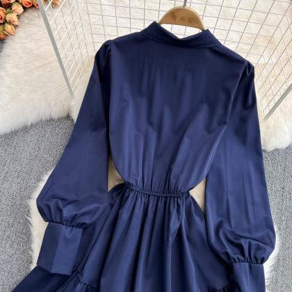 Simple Blue Long Sleeve Shirt Dress